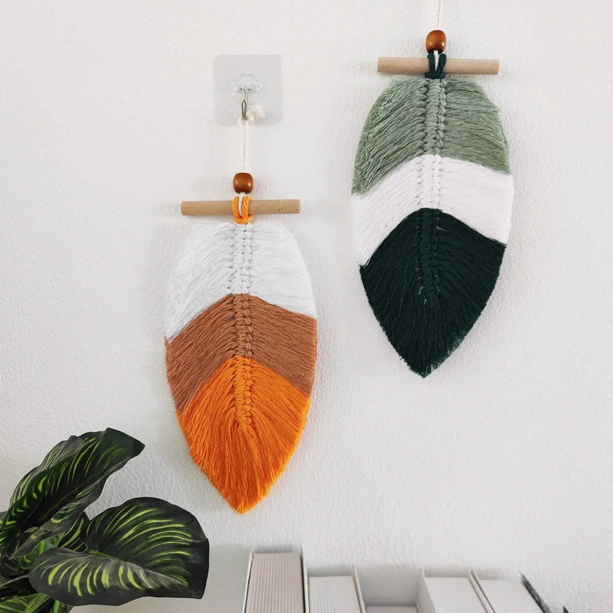 2 pçs estilo boêmio folhas tecidas tapeçaria de suspensão de parede decoração para casa fio de algodão artesanato decorativo enforcamentos