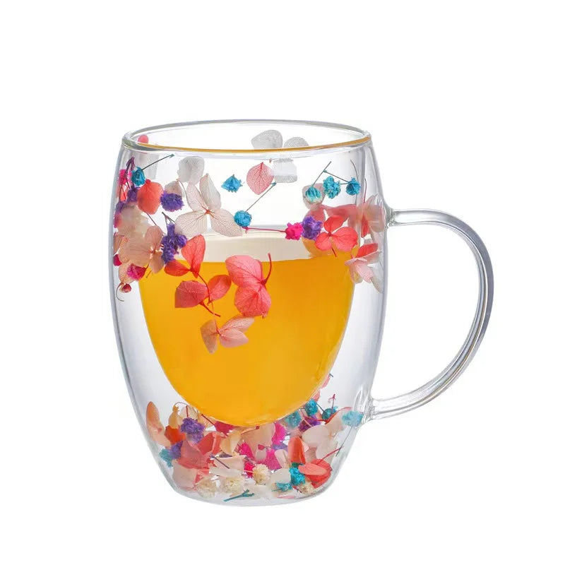 Xicara de Vidro Dupla com Flor Artificial 350ml - Meu Luxo