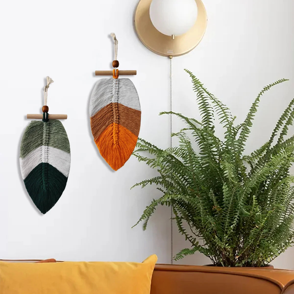2 pçs estilo boêmio folhas tecidas tapeçaria de suspensão de parede decoração para casa fio de algodão artesanato decorativo enforcamentos
