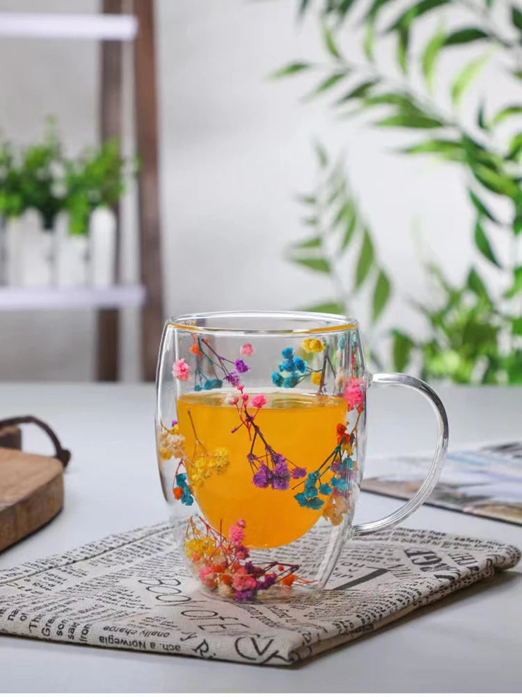 Xicara Luxuosa de Vidro com Flores Artificiais 350ml