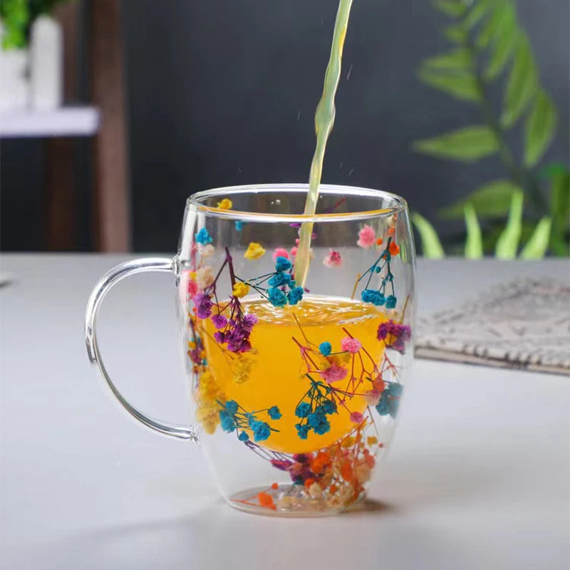 Xicara Luxuosa de Vidro com Flores Artificiais 350ml