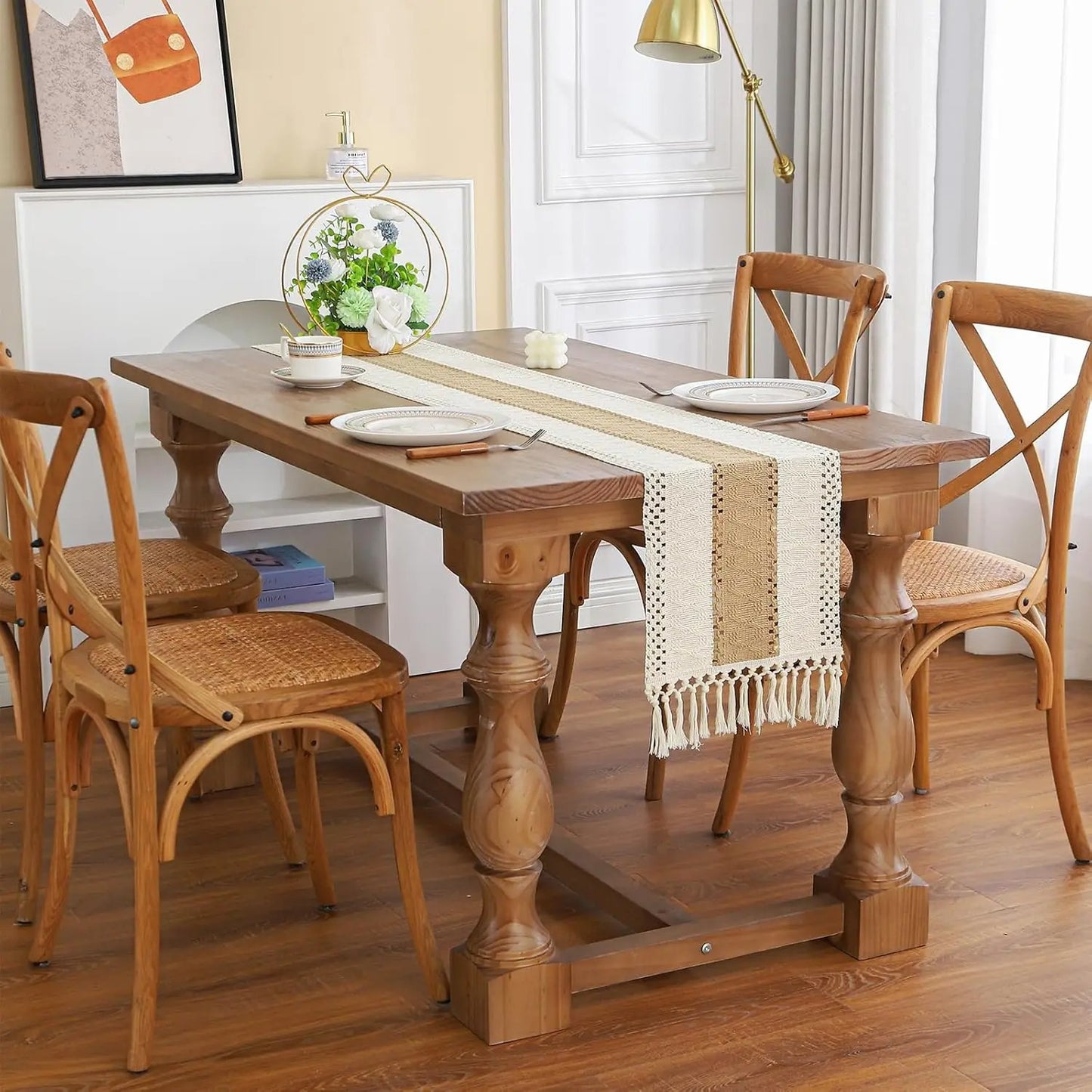 Corredor de mesa de serapilheira com borlas, 72 polegadas, corredor de mesa rústica Farmhouse, creme e marrom, decoração de verão