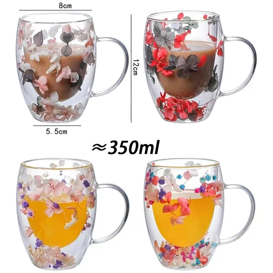 Xicara de Vidro Dupla com Flor Artificial 350ml - Meu Luxo