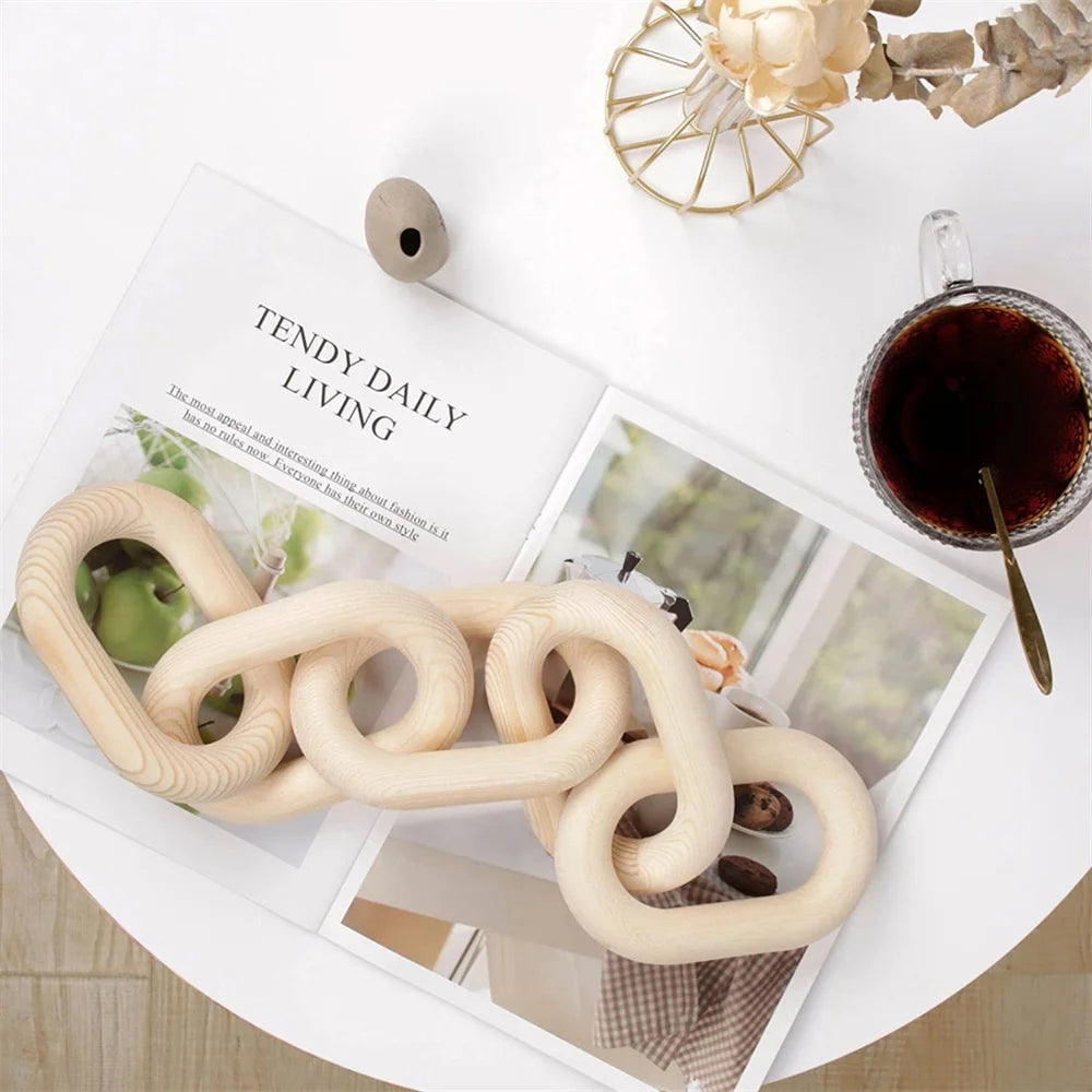 Mão esculpida Chain Link ornamento de madeira, estilo boho, artesanato, bandeja de mesa, fazenda, escritório, decoração de mesa rústica, 5-Link