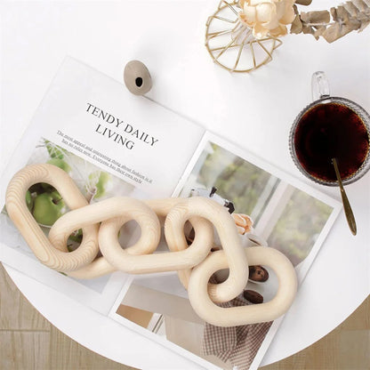 Mão esculpida Chain Link ornamento de madeira, estilo boho, artesanato, bandeja de mesa, fazenda, escritório, decoração de mesa rústica, 5-Link