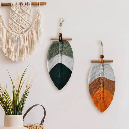 2 pçs estilo boêmio folhas tecidas tapeçaria de suspensão de parede decoração para casa fio de algodão artesanato decorativo enforcamentos