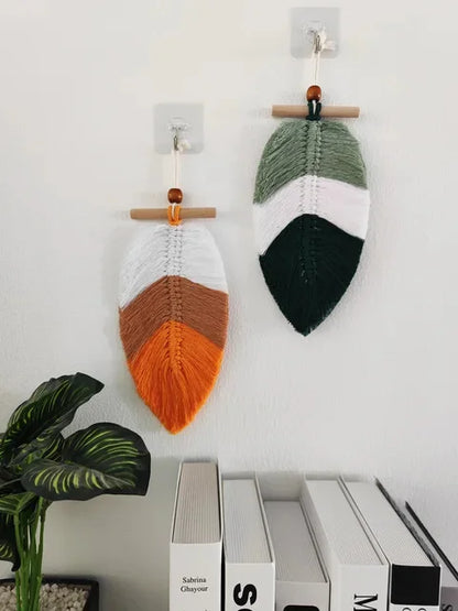 2 pçs estilo boêmio folhas tecidas tapeçaria de suspensão de parede decoração para casa fio de algodão artesanato decorativo enforcamentos