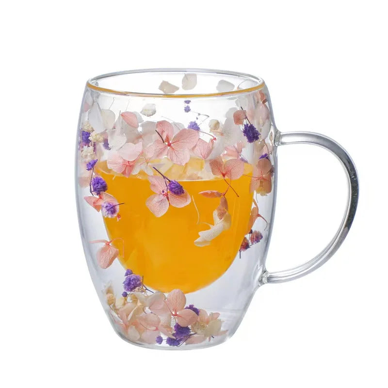Xicara de Vidro Dupla com Flor Artificial 350ml - Meu Luxo