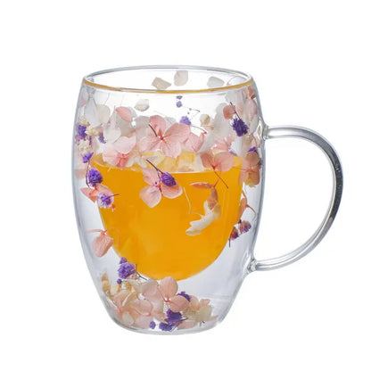 Xicara de Vidro Dupla com Flor Artificial 350ml - Meu Luxo