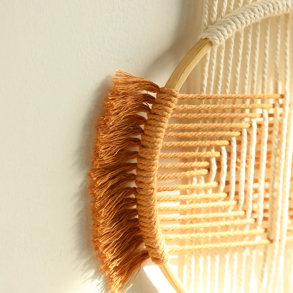 Macrame parede pendurado boho decoração de parede artesanal marrom redondo arte da parede para casa quarto apartamento dormitório decoração natal
