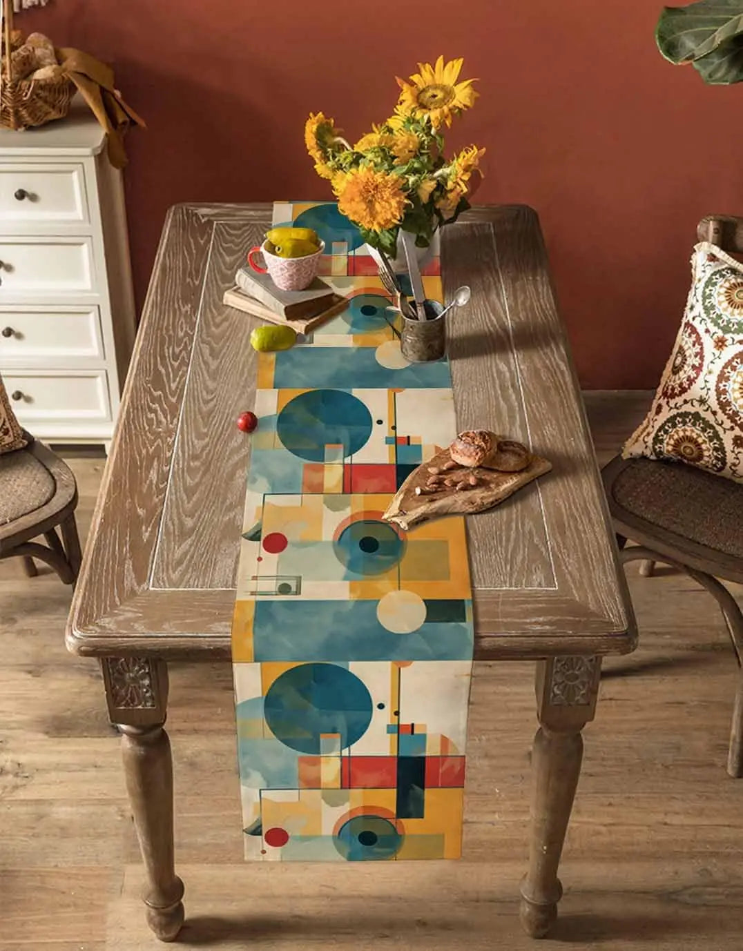 Pintura a óleo vintage arte abstrata corredor de mesa de linho azul amarelo geométrico cômoda cachecol decoração de mesa casamento jantar festa decoração / Meu Luxo