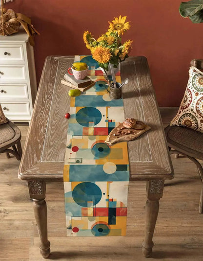 Pintura a óleo vintage arte abstrata corredor de mesa de linho azul amarelo geométrico cômoda cachecol decoração de mesa casamento jantar festa decoração / Meu Luxo