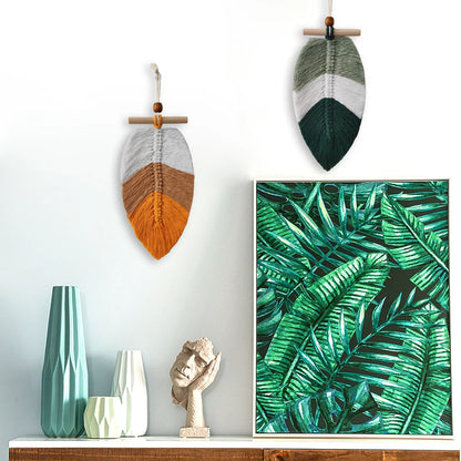 2 pçs estilo boêmio folhas tecidas tapeçaria de suspensão de parede decoração para casa fio de algodão artesanato decorativo enforcamentos