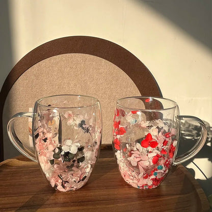 Xicara de Vidro Dupla com Flor Artificial 350ml - Meu Luxo