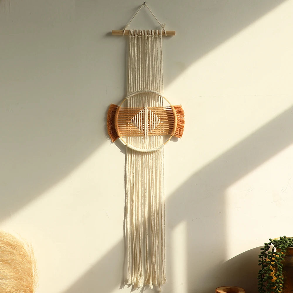 Macrame parede pendurado boho decoração de parede artesanal marrom redondo arte da parede para casa quarto apartamento dormitório decoração natal
