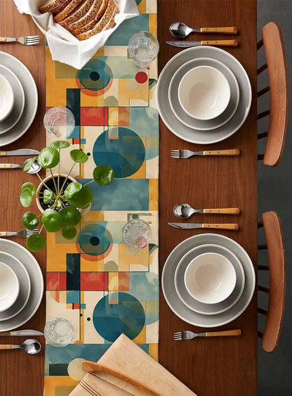 Pintura a óleo vintage arte abstrata corredor de mesa de linho azul amarelo geométrico cômoda cachecol decoração de mesa casamento jantar festa decoração / Meu Luxo