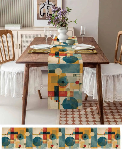 Pintura a óleo vintage arte abstrata corredor de mesa de linho azul amarelo geométrico cômoda cachecol decoração de mesa casamento jantar festa decoração / Meu Luxo