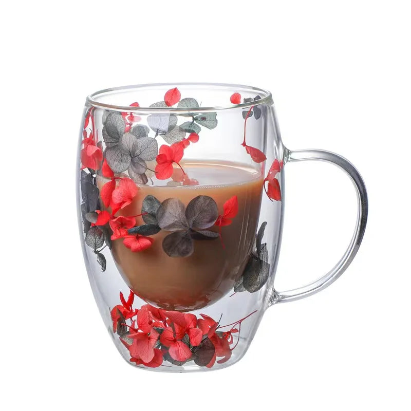Xicara de Vidro Dupla com Flor Artificial 350ml - Meu Luxo
