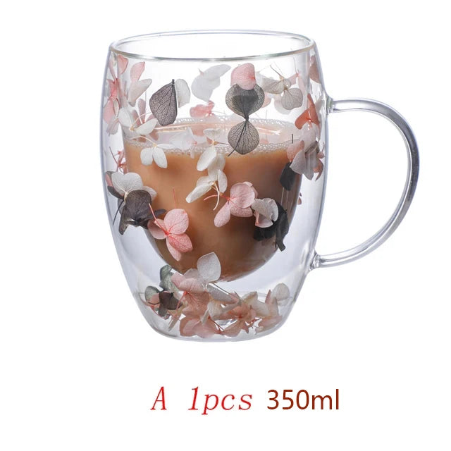 Xicara Luxuosa de Vidro com Flores Artificiais 350ml