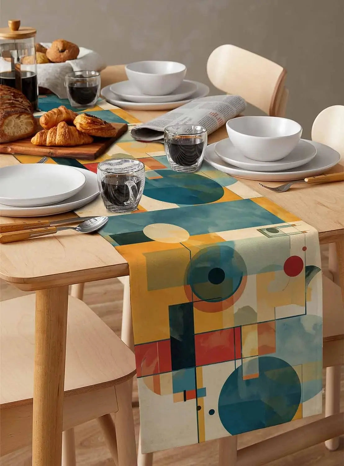 Pintura a óleo vintage arte abstrata corredor de mesa de linho azul amarelo geométrico cômoda cachecol decoração de mesa casamento jantar festa decoração / Meu Luxo