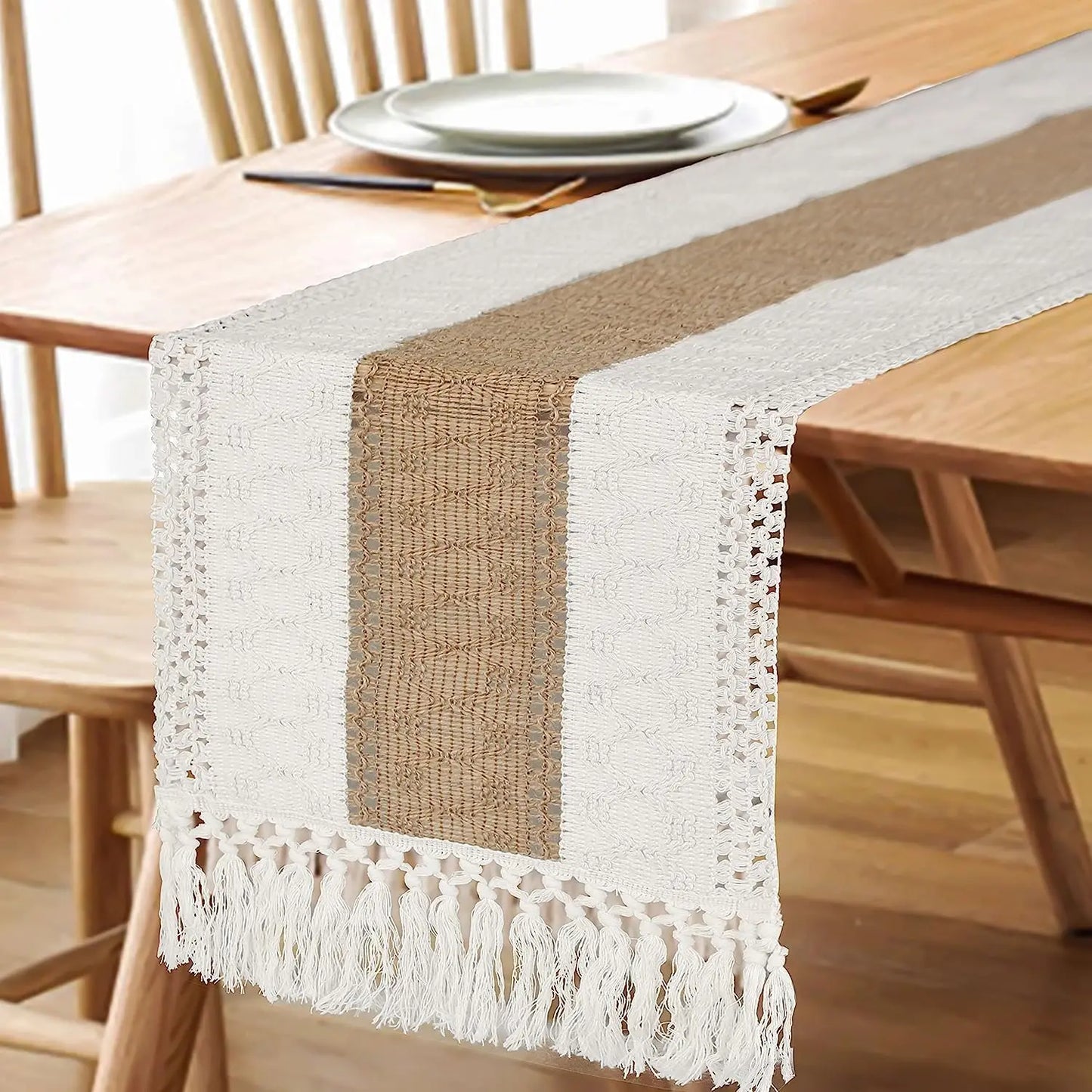 Corredor de mesa de serapilheira com borlas, 72 polegadas, corredor de mesa rústica Farmhouse, creme e marrom, decoração de verão