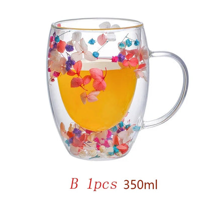 Xicara Luxuosa de Vidro com Flores Artificiais 350ml