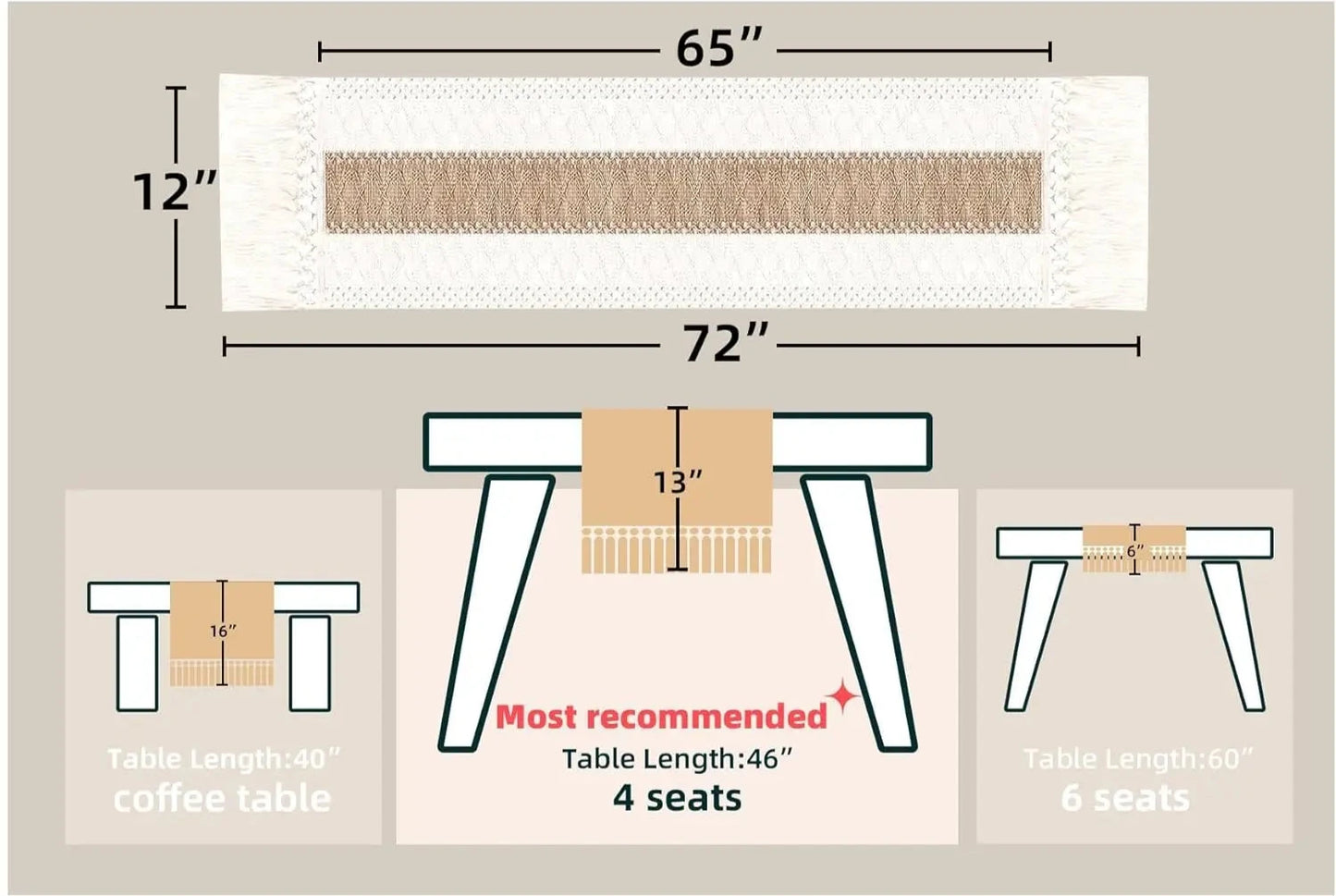 Corredor de mesa de serapilheira com borlas, 72 polegadas, corredor de mesa rústica Farmhouse, creme e marrom, decoração de verão
