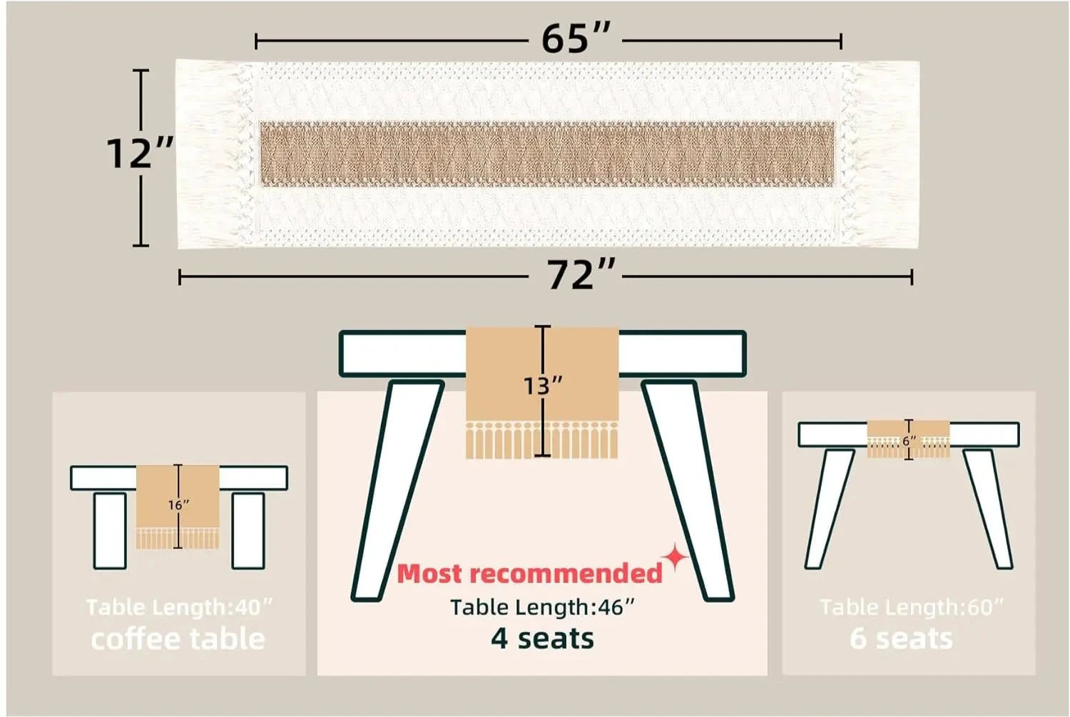 Corredor de mesa de serapilheira com borlas, 72 polegadas, corredor de mesa rústica Farmhouse, creme e marrom, decoração de verão