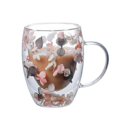 Xicara de Vidro Dupla com Flor Artificial 350ml - Meu Luxo