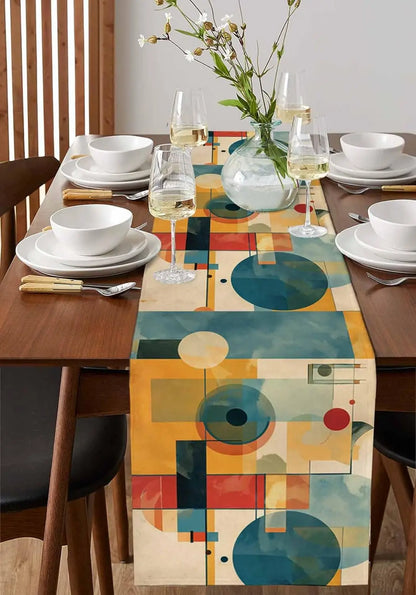 Pintura a óleo vintage arte abstrata corredor de mesa de linho azul amarelo geométrico cômoda cachecol decoração de mesa casamento jantar festa decoração / Meu Luxo