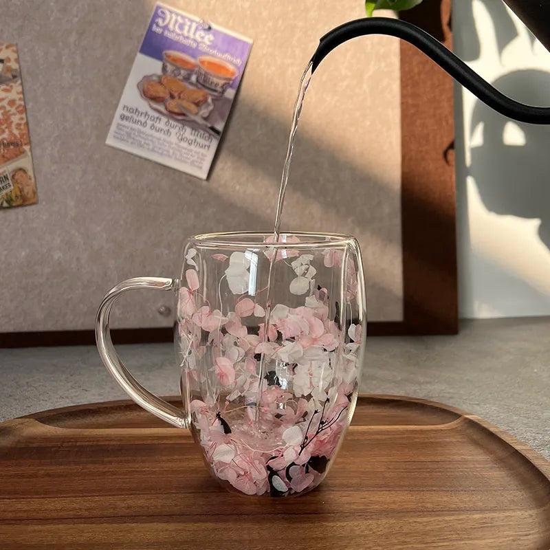 Xicara de Vidro Dupla com Flor Artificial 350ml - Meu Luxo