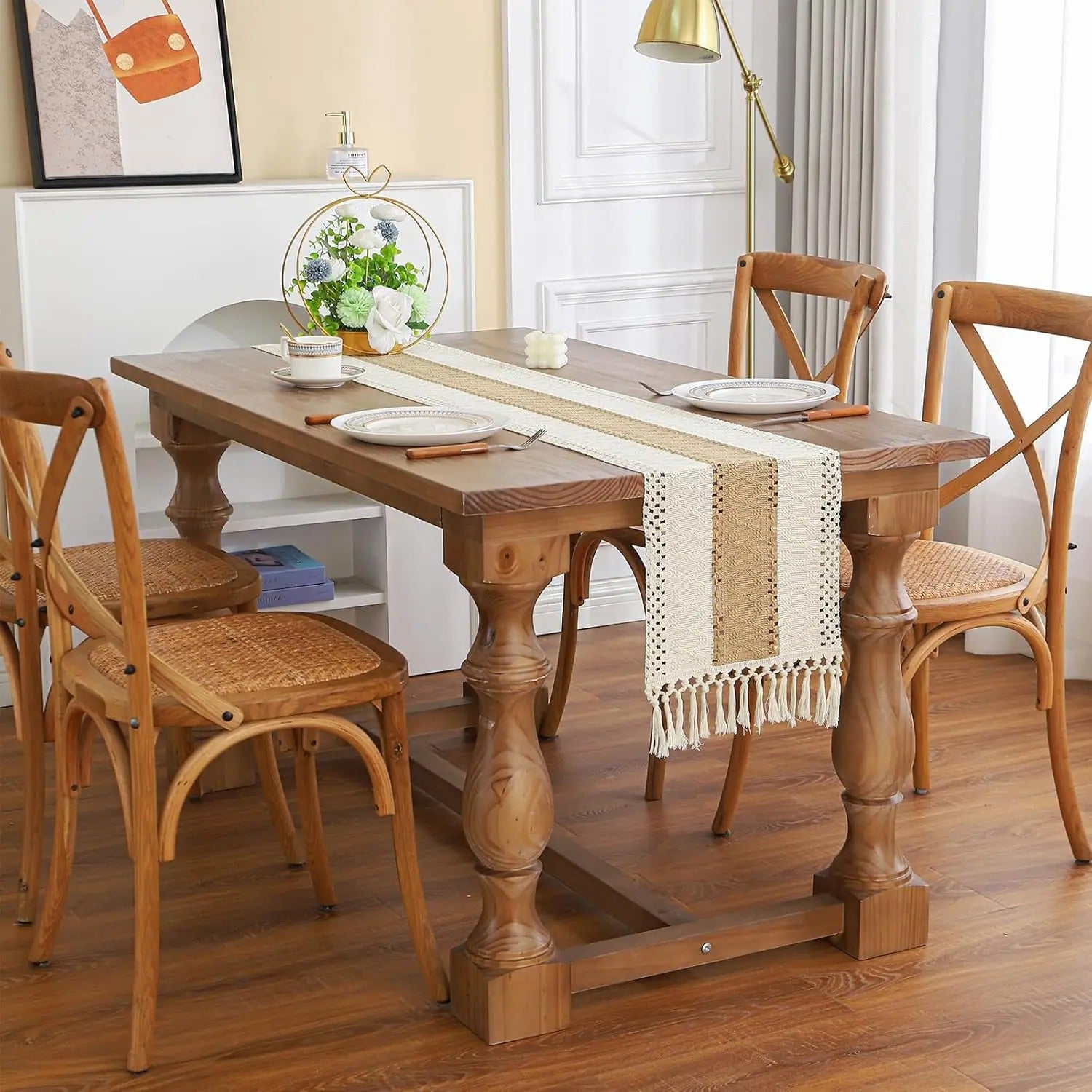 Corredor de mesa de serapilheira com borlas, 72 polegadas, corredor de mesa rústica Farmhouse, creme e marrom, decoração de verão